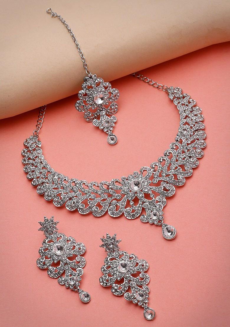 Silver Diamond Studded Rhodium Plated Necklace Set