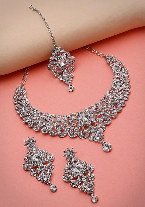 Silver Diamond Studded Rhodium Plated Necklace Set