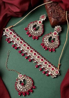 Magenta Beaded Gold Plated Necklace Set