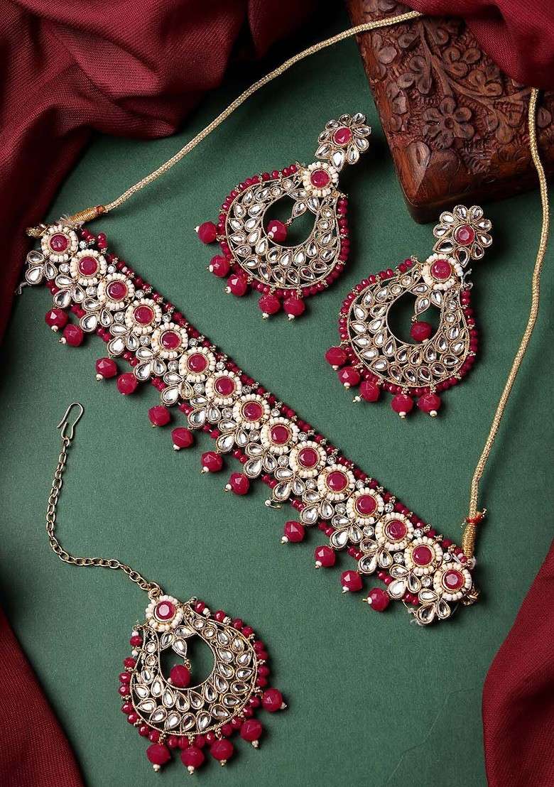 Magenta Beaded Gold Plated Necklace Set - Indya