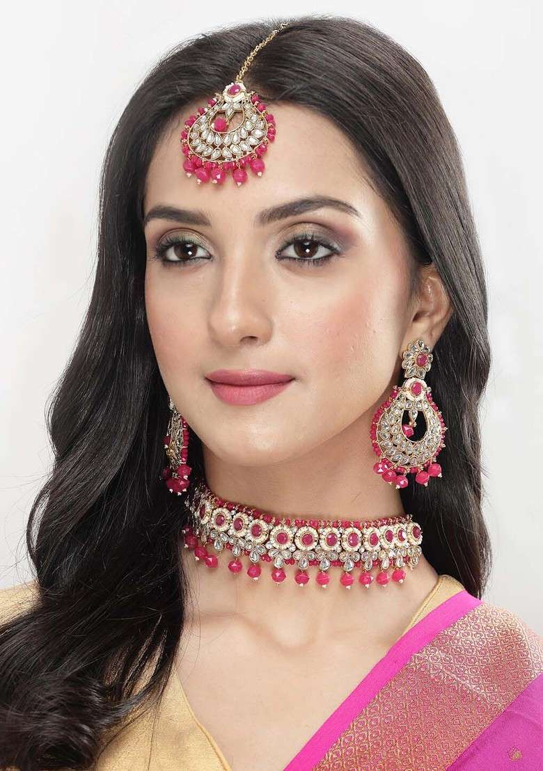 Magenta Beaded Gold Plated Necklace Set - Indya