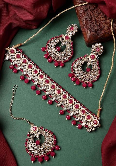 Magenta Beaded Gold Plated Necklace Set