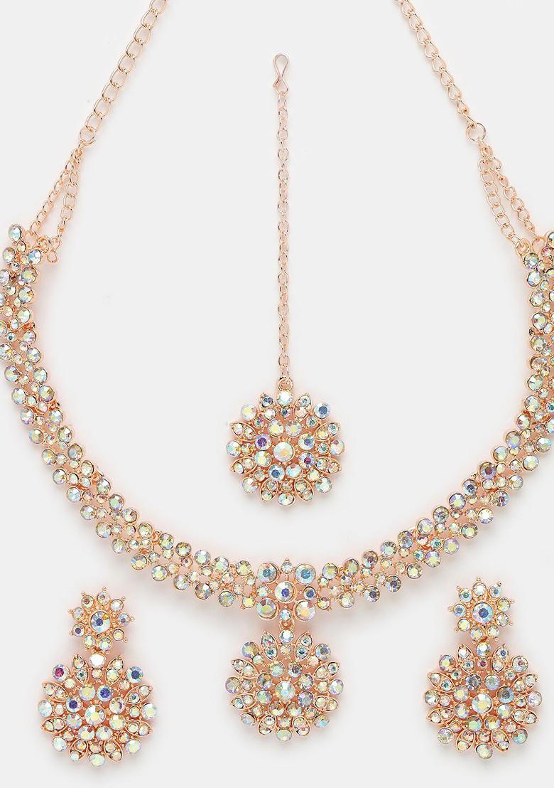 Rose Gold Stone Studded Gold Plated Necklace Set