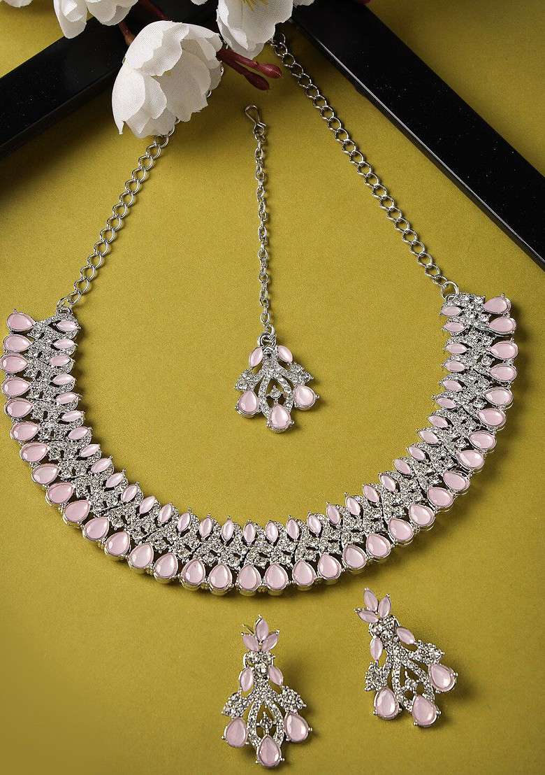 Silver Diamond Studded Rhodium Plated Necklace Set - Indya