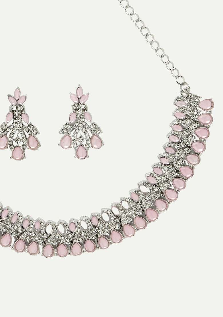Silver Diamond Studded Rhodium Plated Necklace Set - Indya