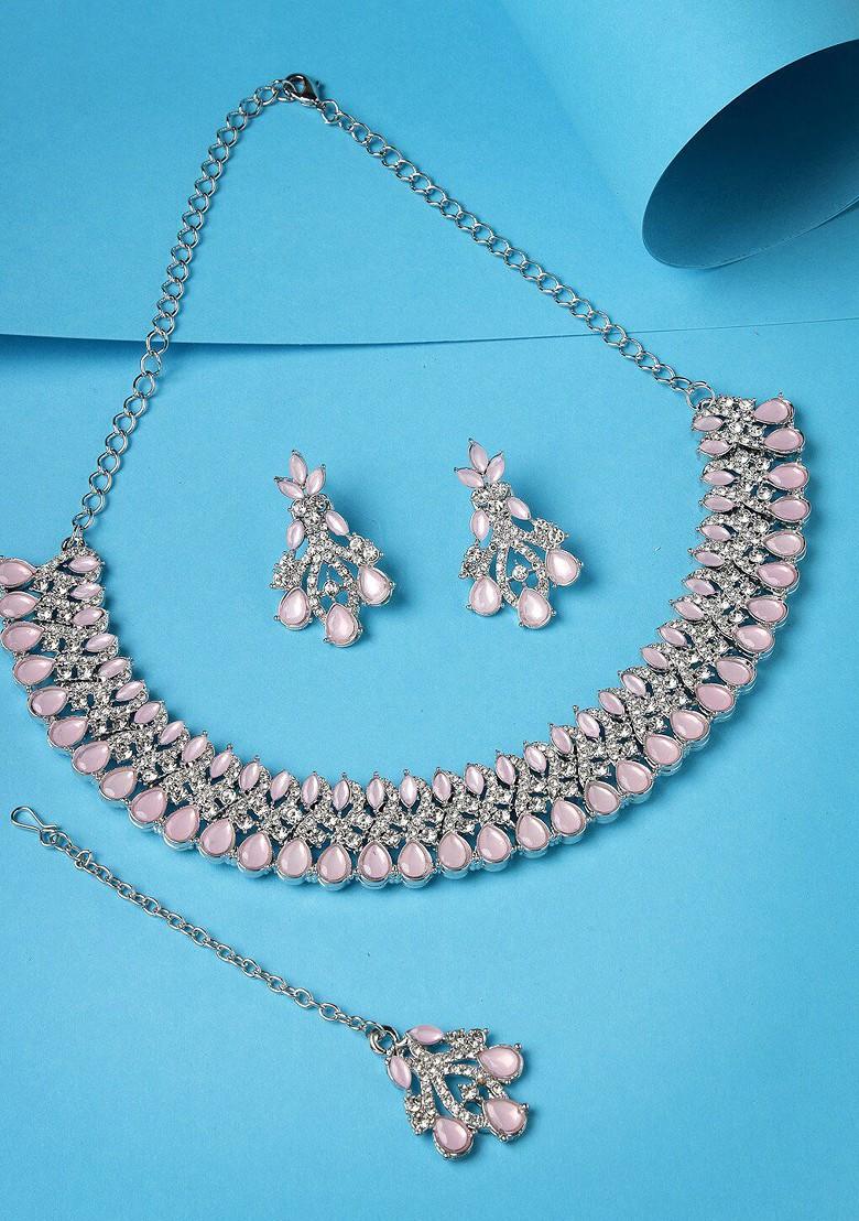 Silver Diamond Studded Rhodium Plated Necklace Set