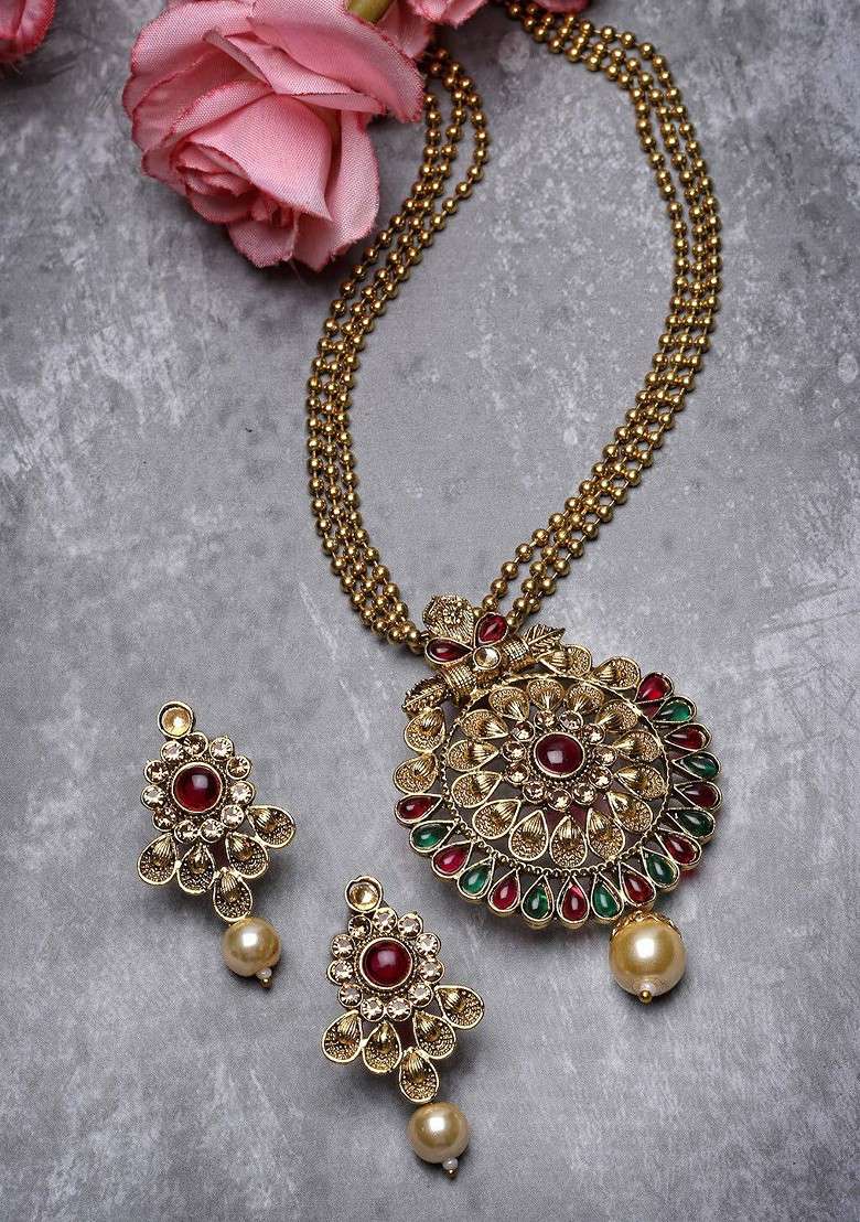 Red Beaded Gold Plated Necklace Set - Indya
