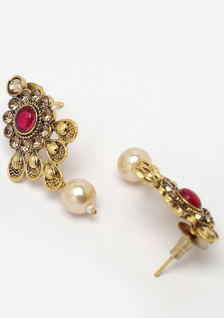 Red Beaded Gold Plated Necklace Set - Indya