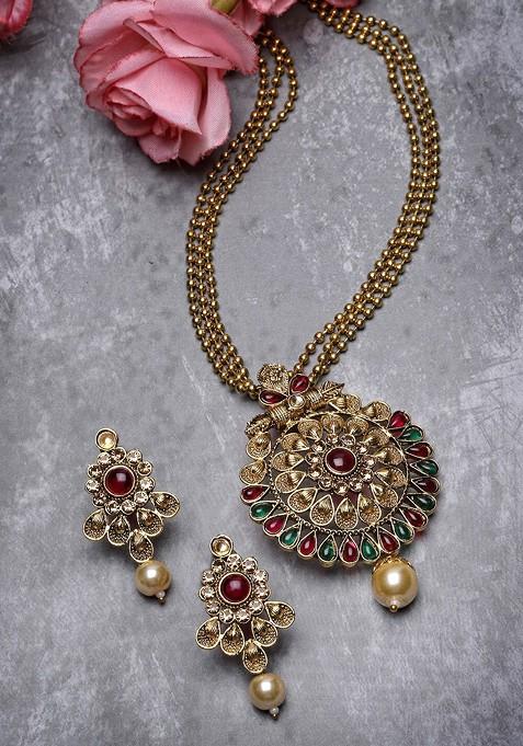 Red Beaded Gold Plated Necklace Set