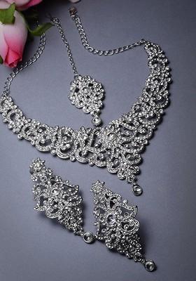 Silver Diamond Studded Rhodium Plated Necklace Set