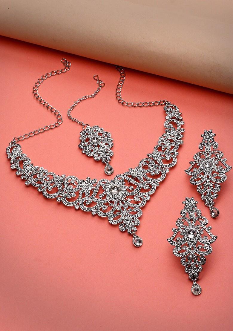 Silver Diamond Studded Rhodium Plated Necklace Set
