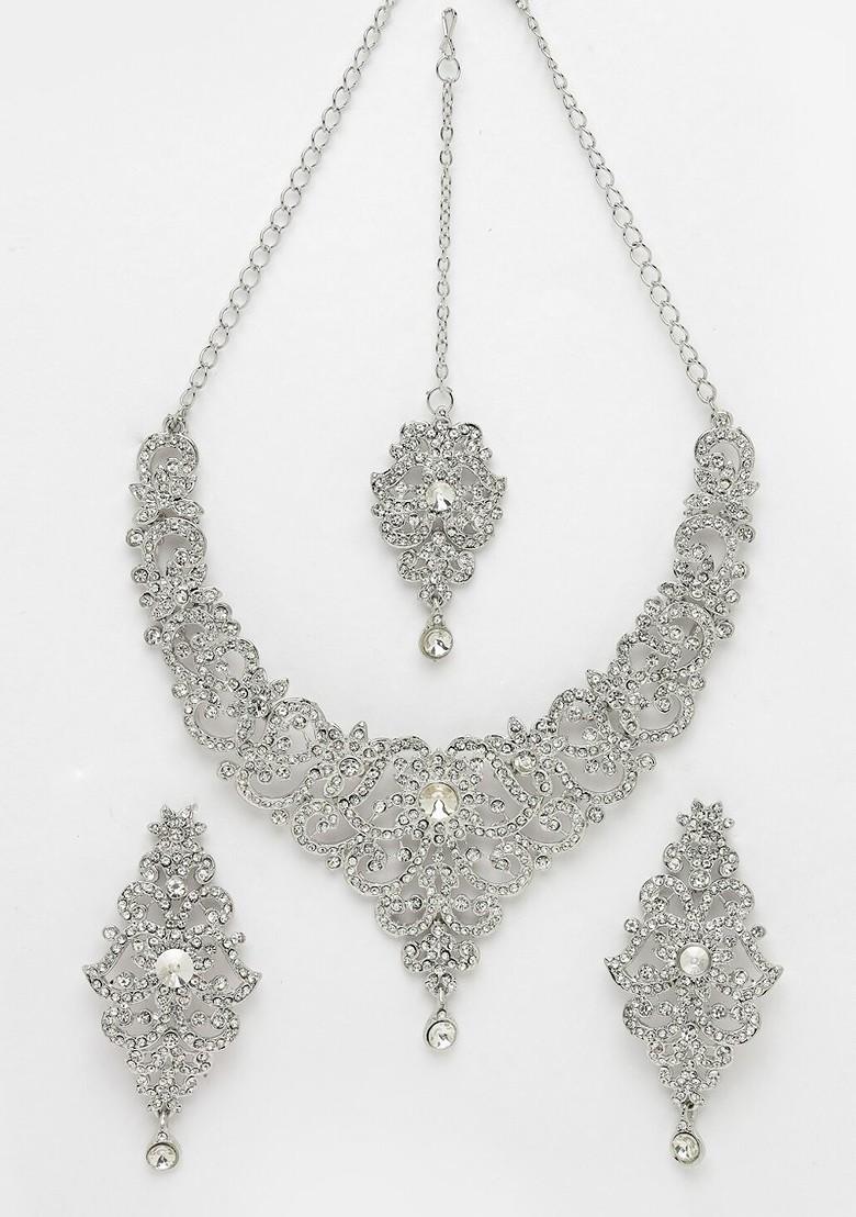 Silver Diamond Studded Rhodium Plated Necklace Set