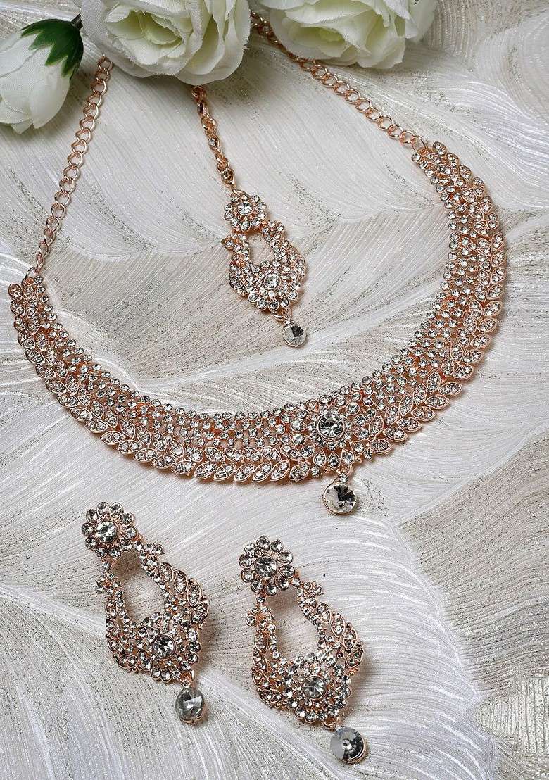 Rose Gold Diamond Studded Gold Plated Necklace Set - Indya