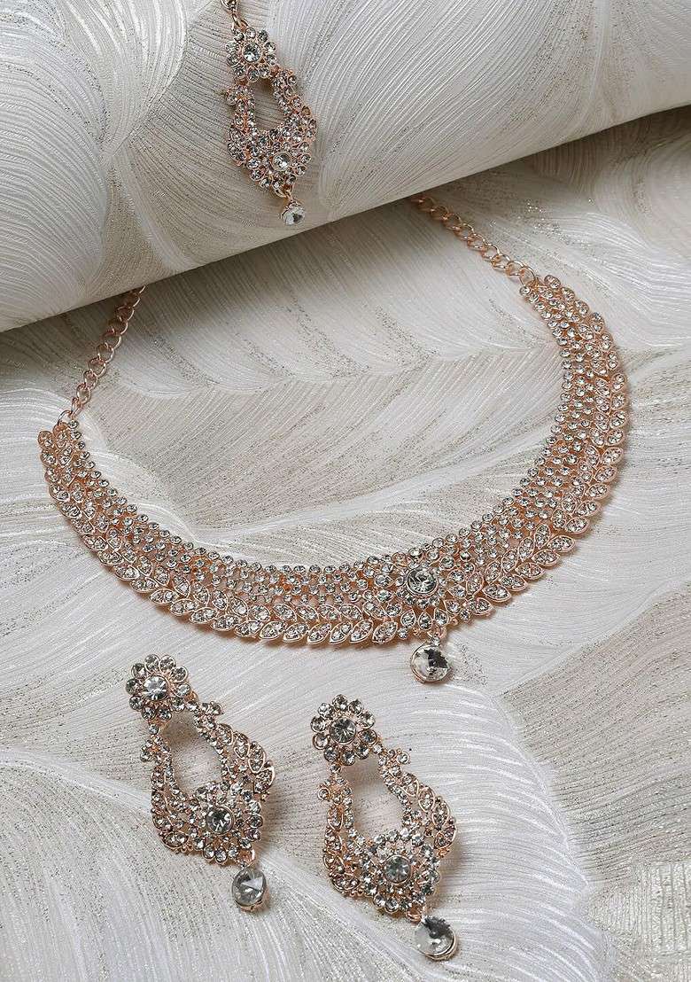 Rose Gold Diamond Studded Gold Plated Necklace Set - Indya