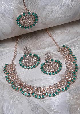 Green Beaded Gold Plated Necklace Set