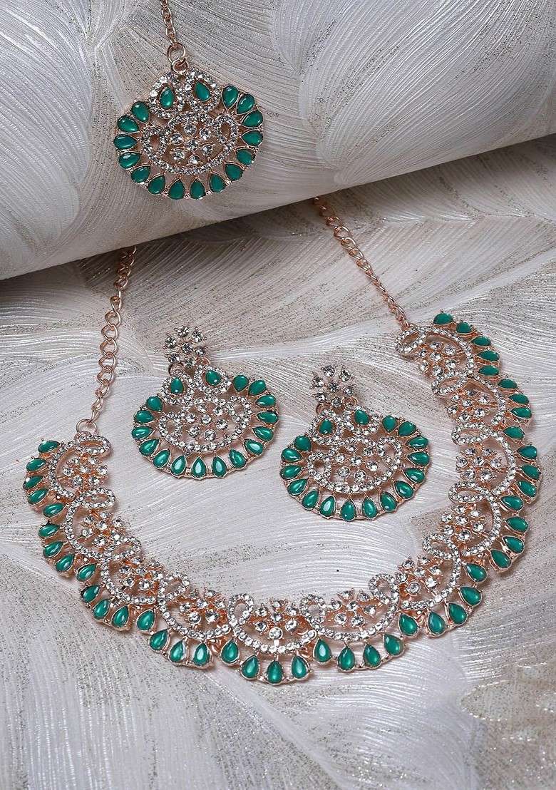 Green Beaded Gold Plated Necklace Set - Indya