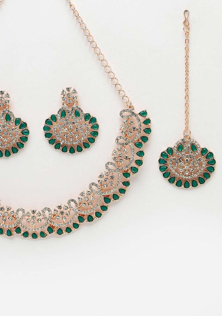 Green Beaded Gold Plated Necklace Set - Indya