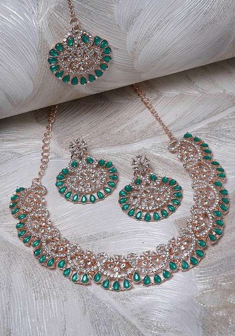 Green Beaded Gold Plated Necklace Set