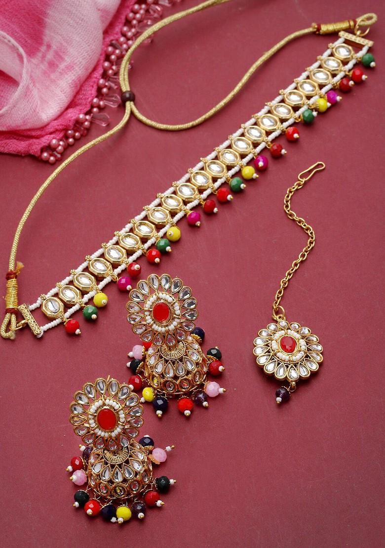 White Beaded Gold Plated Necklace Set