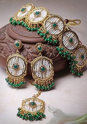 Green Stone Studded And Pearl Beaded Jewellery Gold Plated Necklace Set