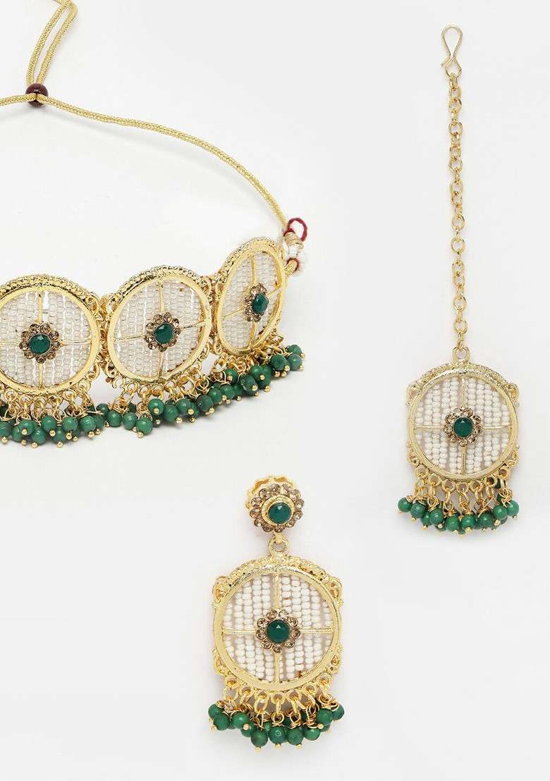 Green Stone Studded And Pearl Beaded Jewellery Gold Plated Necklace Set - Indya