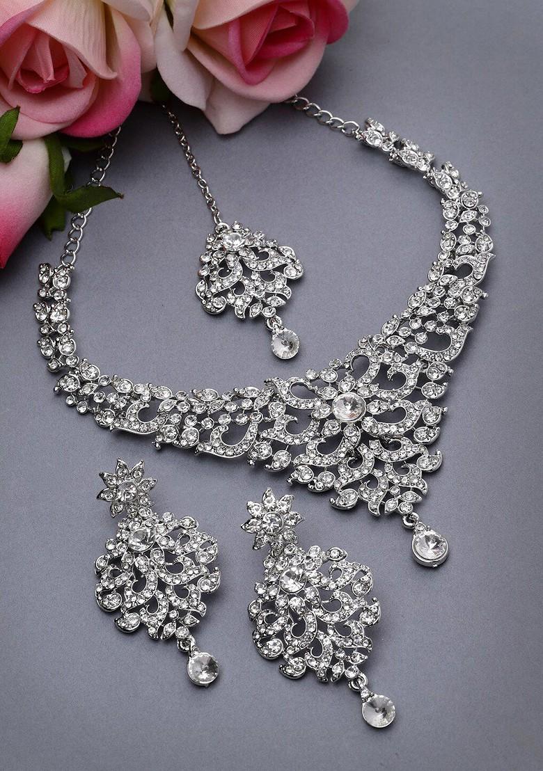 Silver Beaded Rhodium Plated Necklace Set