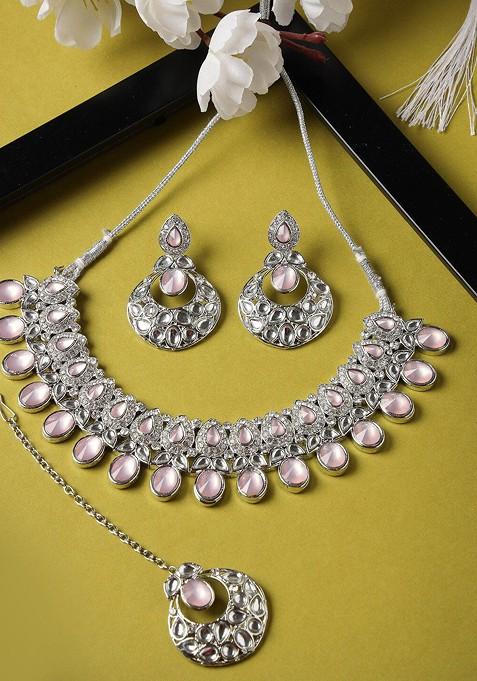 Silver Beaded Rhodium Plated Necklace Set