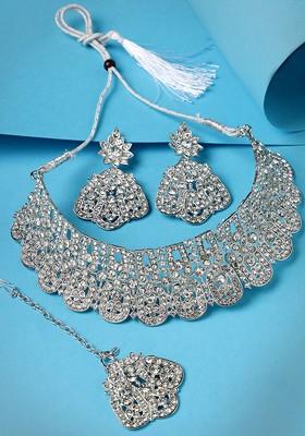 Silver Stone Studded Rhodium Plated Necklace Set
