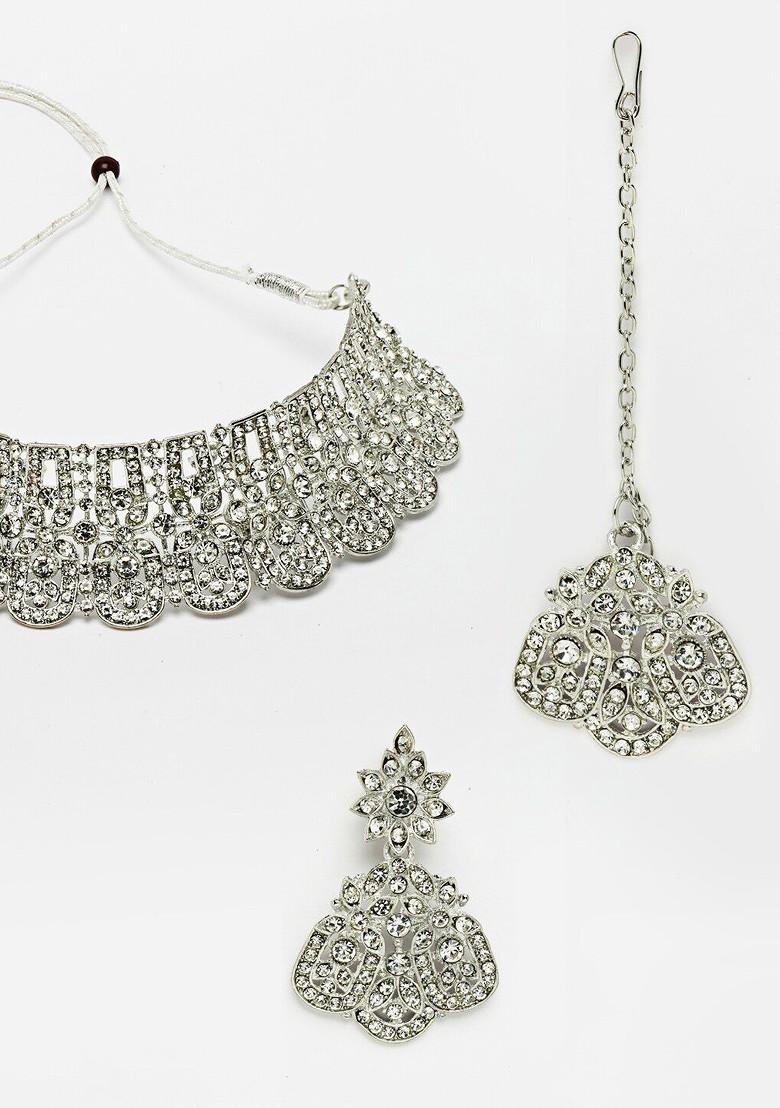 Silver Stone Studded Rhodium Plated Necklace Set