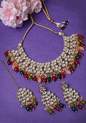 Gold Beaded Gold Plated Necklace Set - Indya