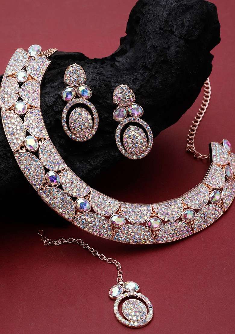 Rose Gold Stone Studded Gold Plated Necklace Set - Indya