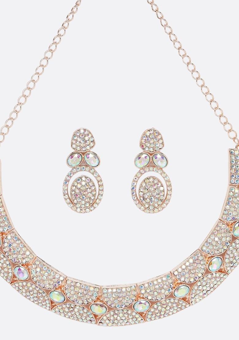 Rose Gold Stone Studded Gold Plated Necklace Set