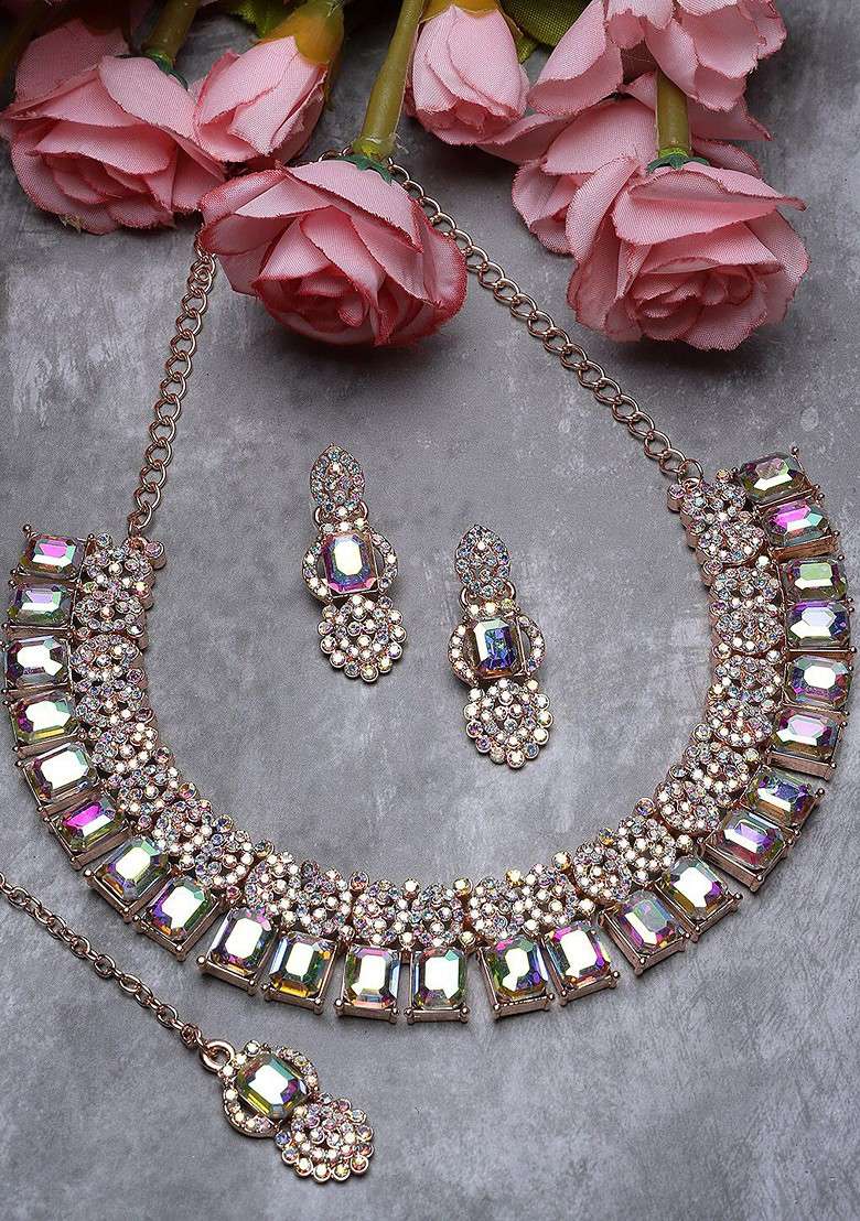 Rose Gold Stone Studded Gold Plated Necklace Set - Indya