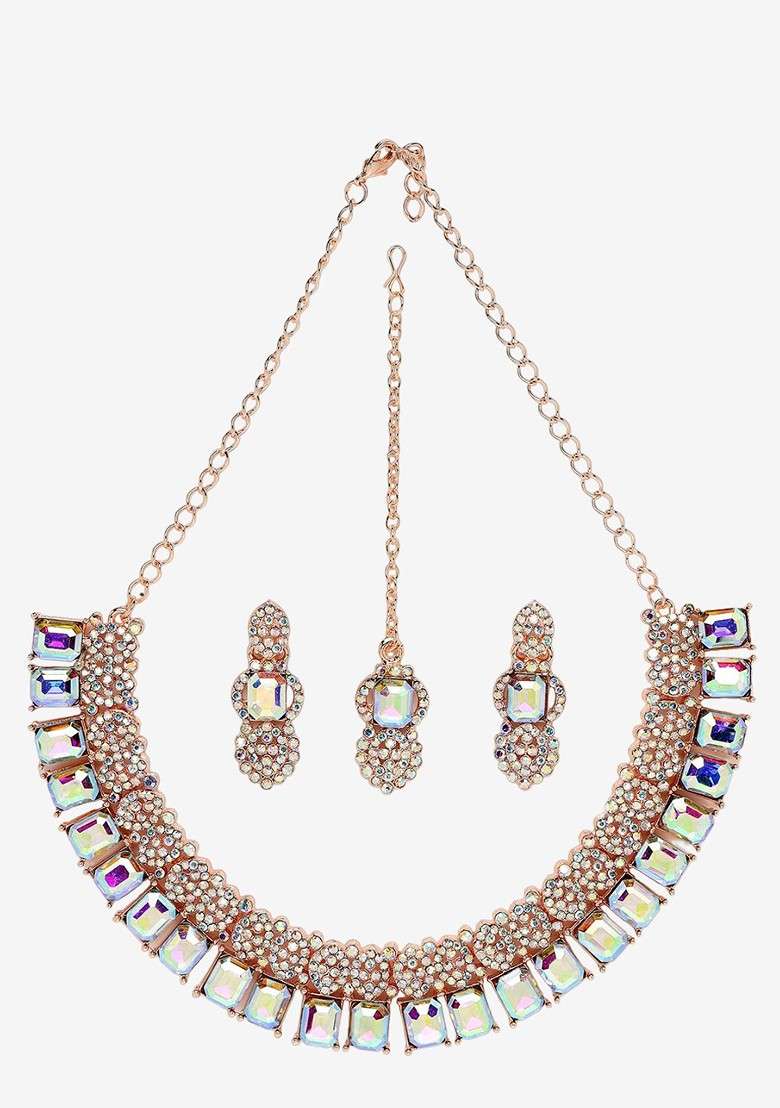 Rose Gold Stone Studded Gold Plated Necklace Set - Indya