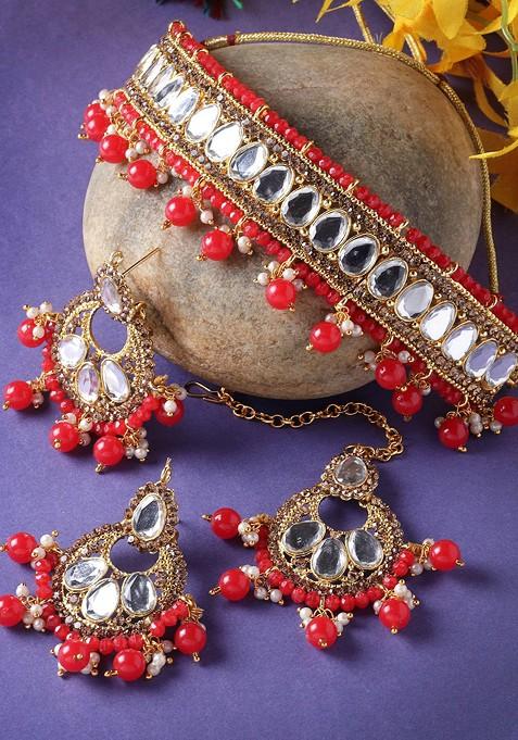 Gold Beaded Gold Plated Necklace Set