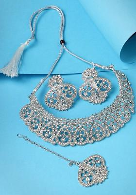 Silver Stone Studded Rhodium Plated Necklace Set
