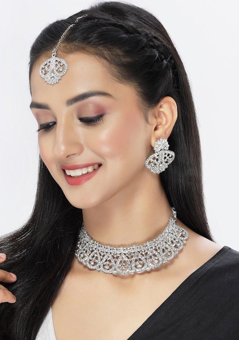 Silver Stone Studded Rhodium Plated Necklace Set