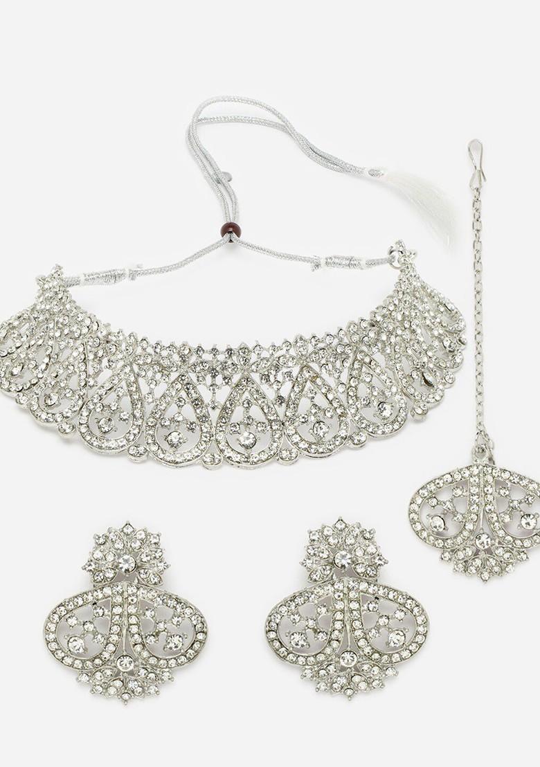 Silver Stone Studded Rhodium Plated Necklace Set