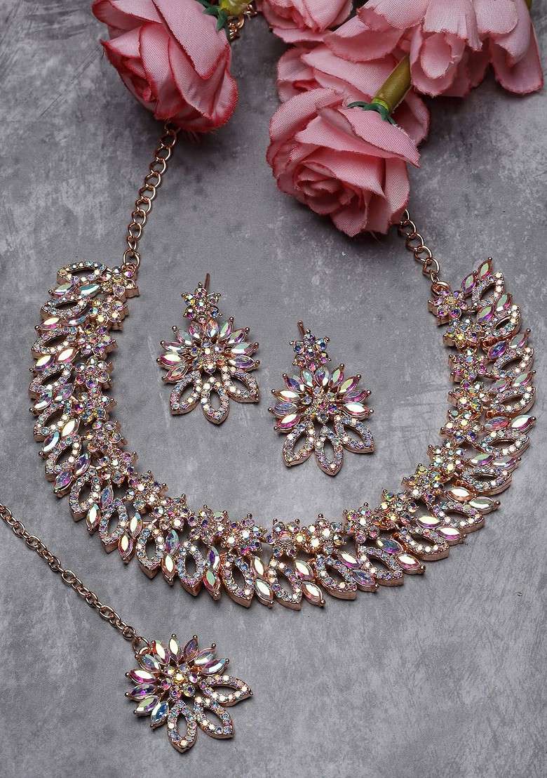 Rose Gold Stone Studded Gold Plated Necklace Set - Indya