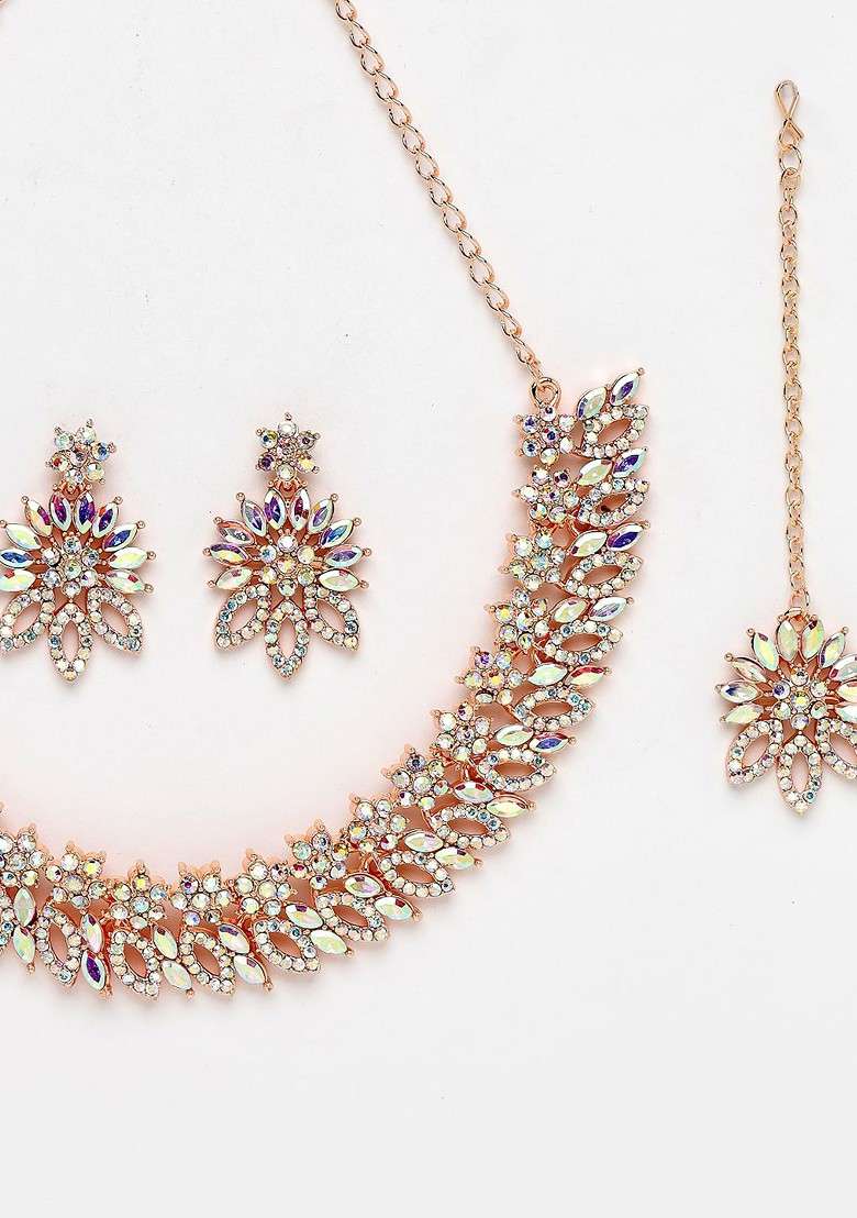 Rose Gold Stone Studded Gold Plated Necklace Set - Indya