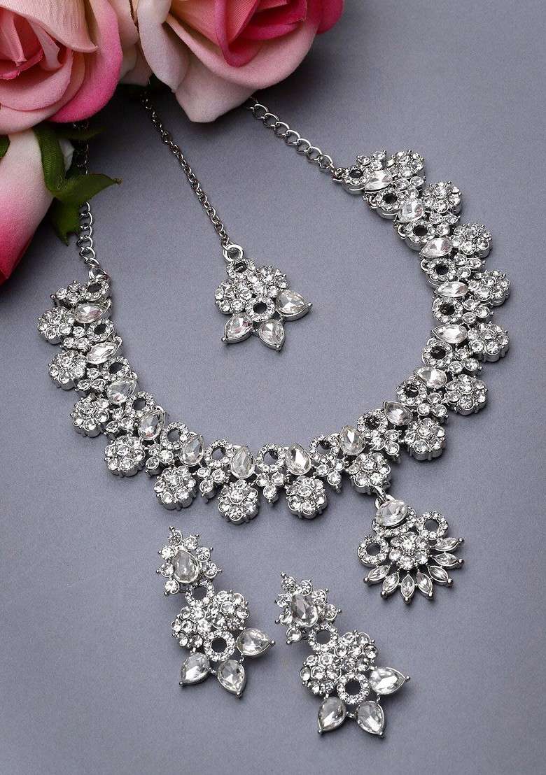 Silver Beaded Rhodium Plated Necklace Set - Indya