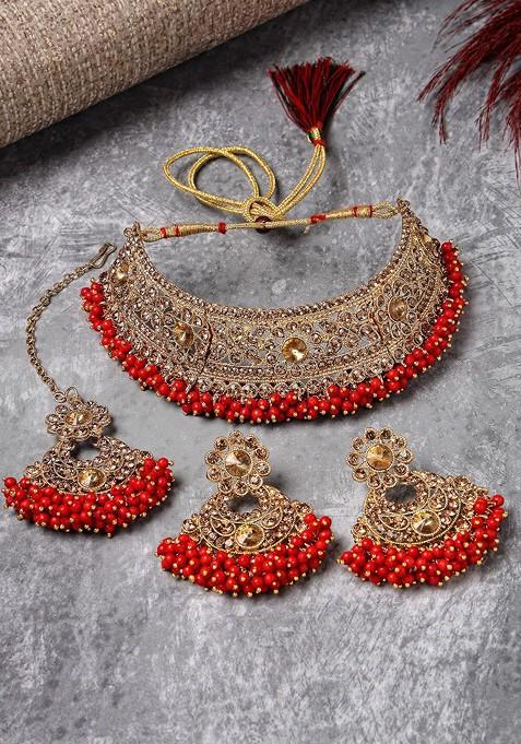 Gold Beaded Gold Plated Necklace Set