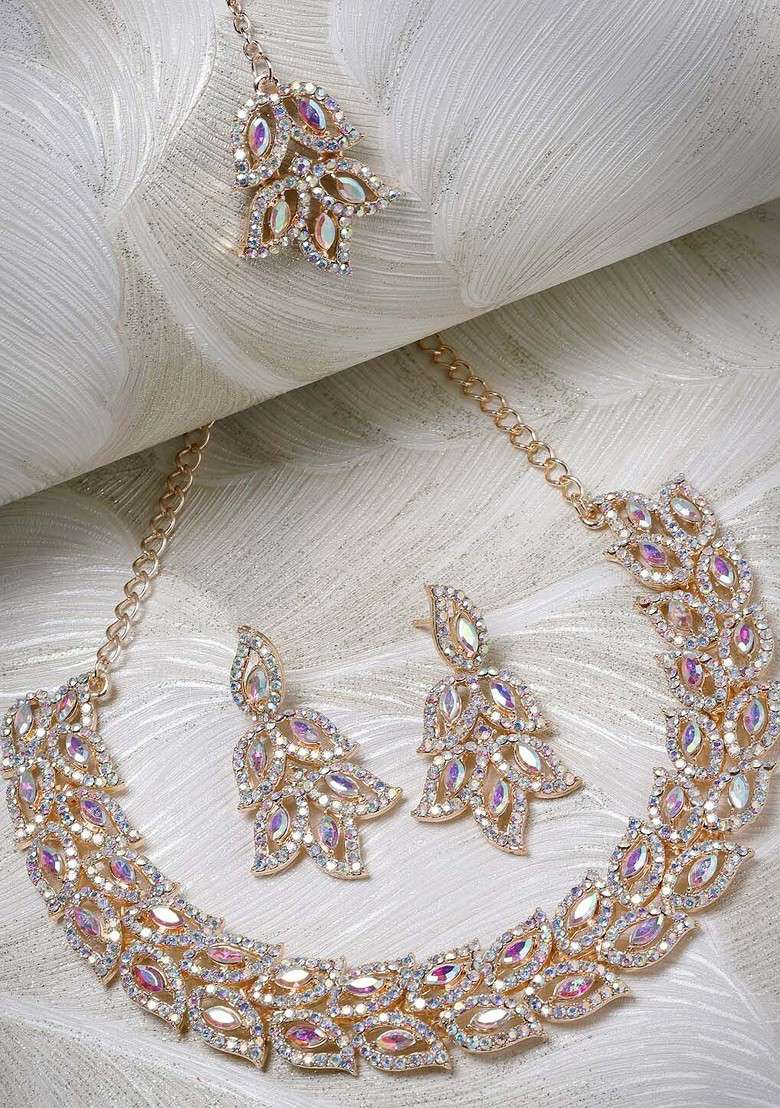 Rose Gold Stone Studded Gold Plated Necklace Set - Indya
