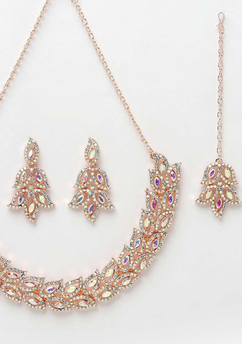 Rose Gold Stone Studded Gold Plated Necklace Set - Indya