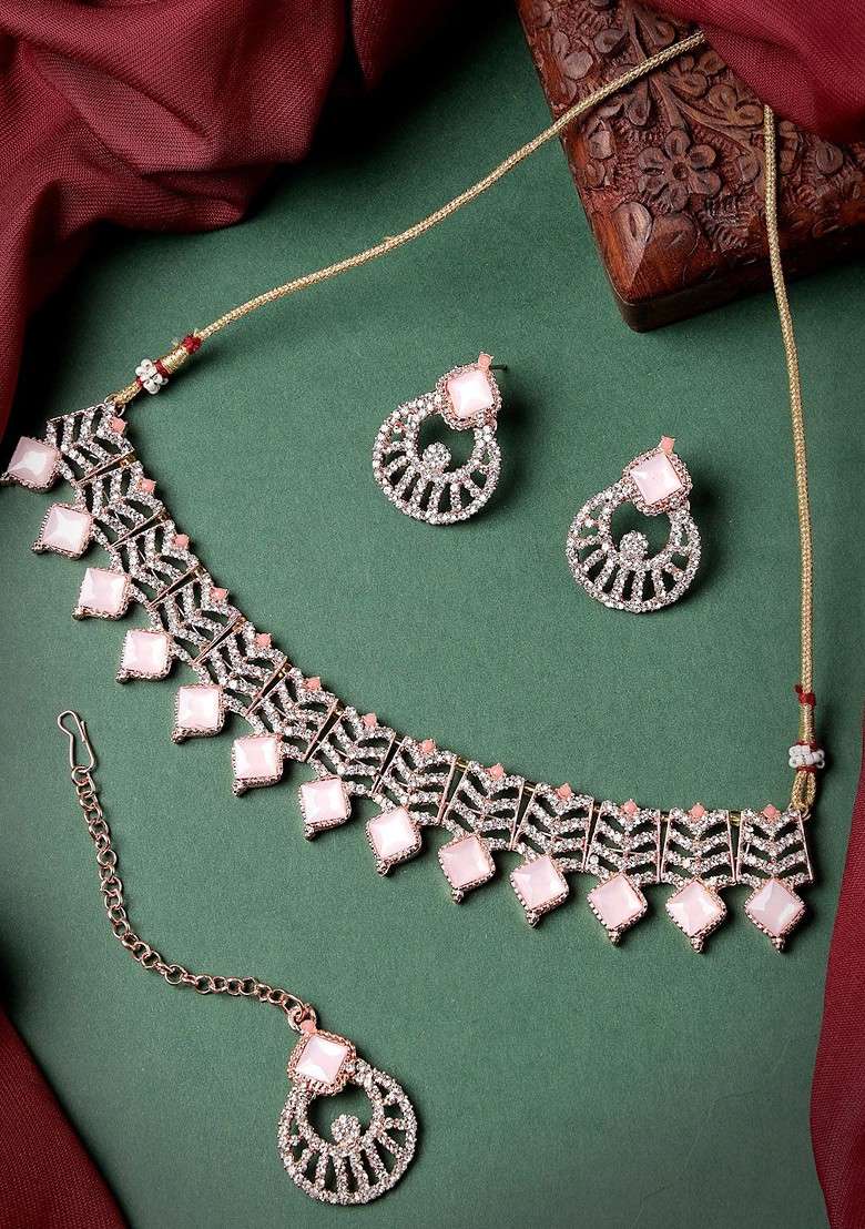 Rose Gold Diamond Studded Gold Plated Necklace Set - Indya