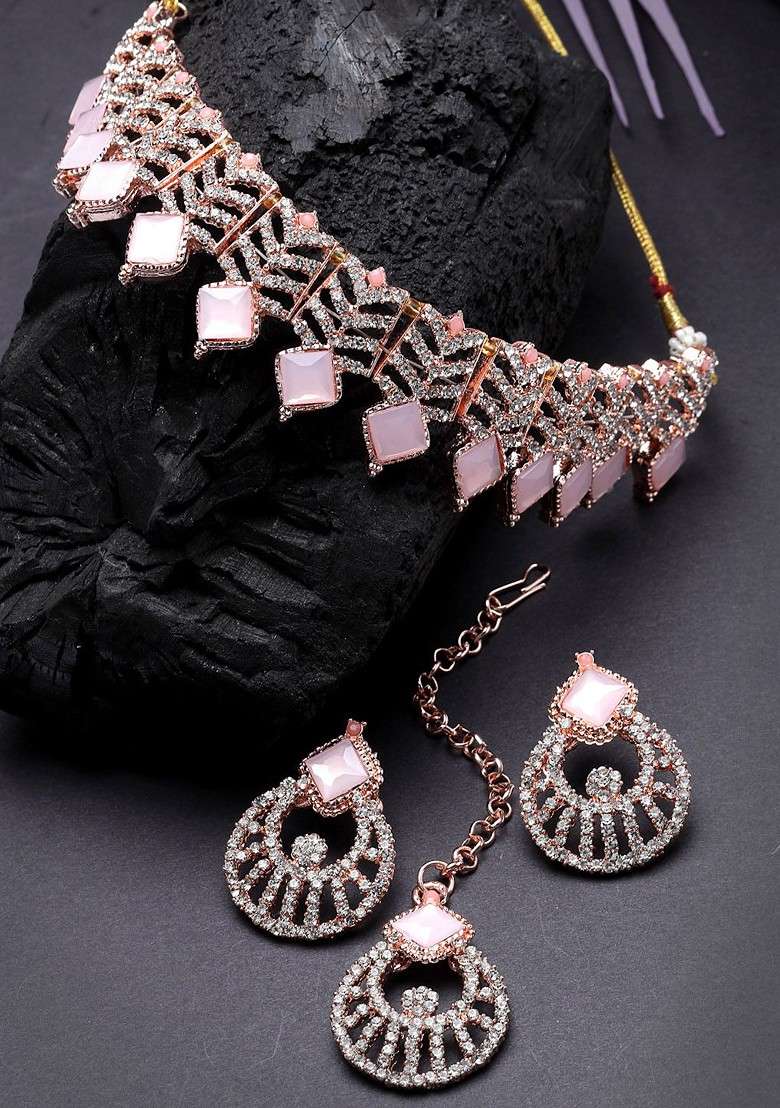 Rose Gold Diamond Studded Gold Plated Necklace Set - Indya
