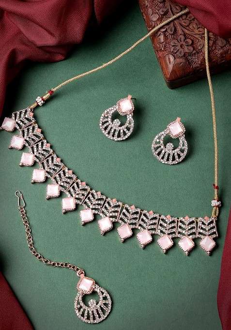 Rose Gold Diamond Studded Gold Plated Necklace Set
