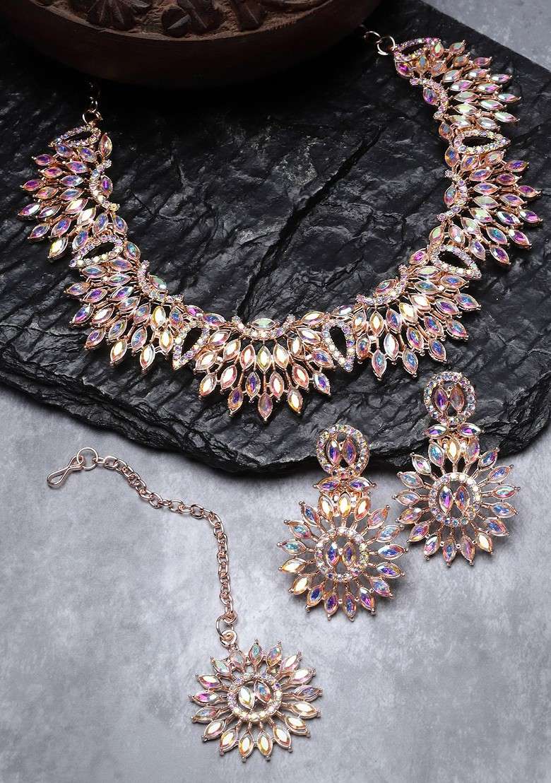 Rose Gold Stone Studded Gold Plated Necklace Set - Indya