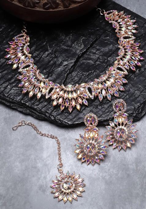 Rose Gold Stone Studded Gold Plated Necklace Set