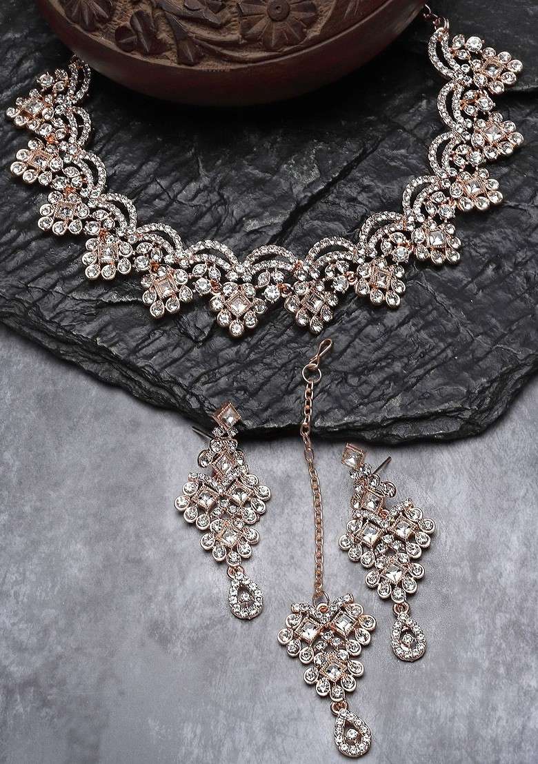 Rose Gold Stone Studded Gold Plated Necklace Set - Indya